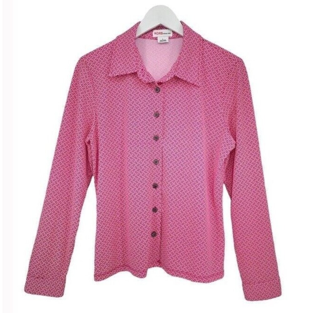 MICHAEL KORS Retro Mod 70s All Over Print Long Sleeve Buttoned Top Large